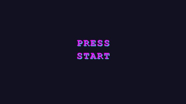 Press start text animation with glitching pink and blue digital lettering displayed on a simple solid dark background video footage
