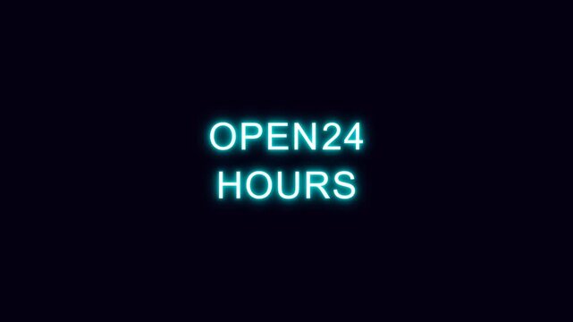 Open 24 hours glowing blue neon text sign animation representing constant availability and business services for customers on video footage