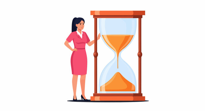 Hispanic Payroll Specialist Watching Hourglass for Submission Deadline