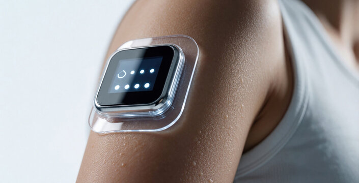 Person wears arm sensor device displaying vital signs. Health monitoring patch uses tech for wellness data. Smart gadget for personal health tracking.