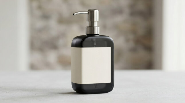 A modern black soap dispenser with a blank label standing on a countertop.