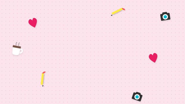 Decorative pattern animation with floating icons including cameras hearts and coffee cups for creative digital design motion footage backdrop background