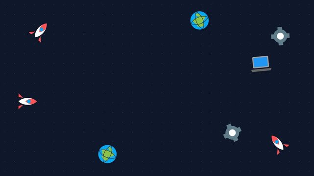 Minimalist rocket ships flying past glowing globes and digital laptop icons in this smooth motion animation for modern business technology