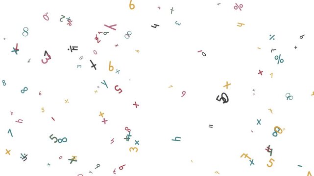 Floating mathematical symbols and numbers drift across this colorful digital animation motion background design for creative educational science media projects