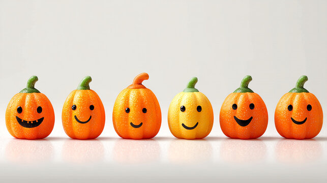 Row of colorful mini pumpkins with painted smiley faces for halloween