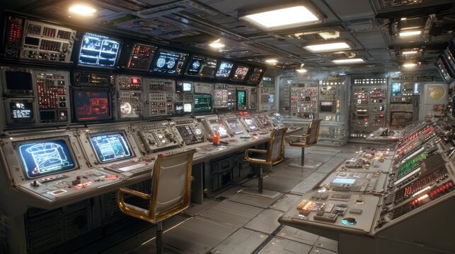 Control room interior with monitors consoles and advanced technological equipment