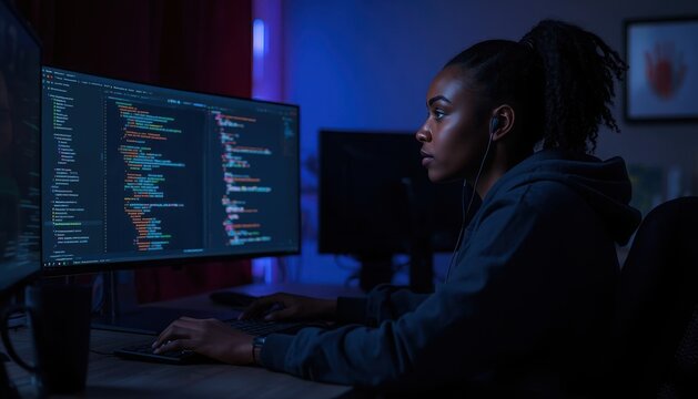 Young female software developer typing code on a large curved monitor at night with computer programmer coding monitor programming code woman computer night work software engineer cyber security