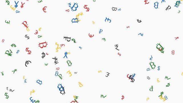 Falling global currency symbols motion background animation displaying diverse colorful financial icons for modern digital banking and economic growth presentation