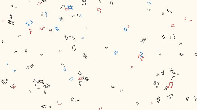 Musical notes floating through white background in dynamic animation motion sequence showing colorful symbols dancing across the empty clean screen