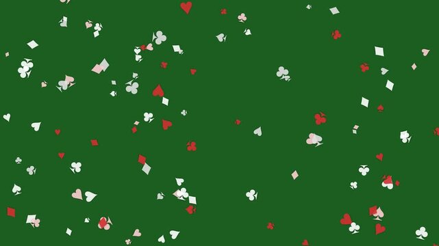 Playing card suits floating and spinning in dynamic motion across a vibrant green background for this festive video animation sequence