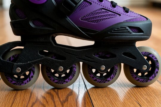 Close-up view of purple and black roller skates resting on a polished wooden floor. Inline skates gear ready for active fun and outdoor sports, promoting a healthy lifestyle and physical activity.