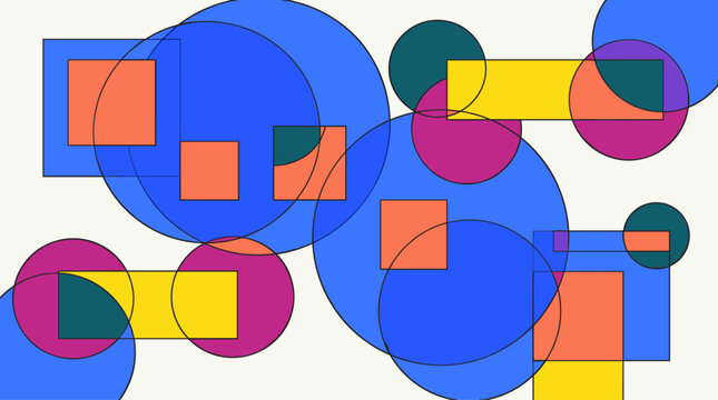 Abstract geometric composition with overlapping circles, squares, and rectangles in vibrant colors on a light background.