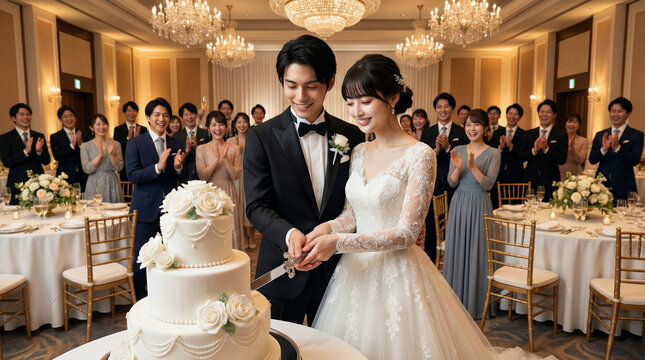 披露宴でゲストに見守られながらウェディングケーキ入刀をする日本人新郎新婦