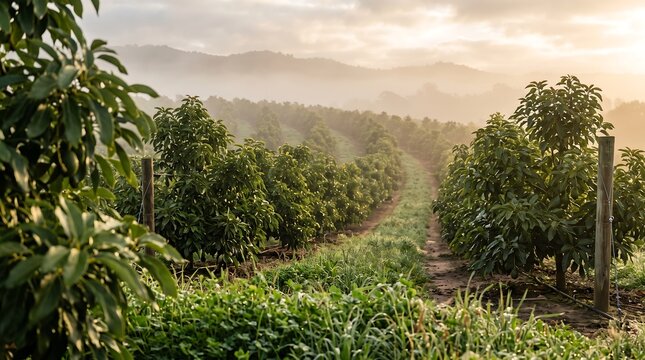 Rows of lush green avocado trees in a misty orchard during a soft golden sunrise