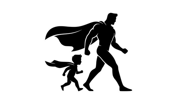 Hero and Child Walking in Wind With Flowing Capes Silhouette