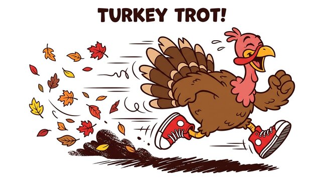 Cartoon turkey running fast in red sneakers during turkey trot event with falling autumn leaves