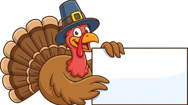 Cute cartoon turkey wearing pilgrim hat holding blank white sign for thanksgiving with thanksgiving