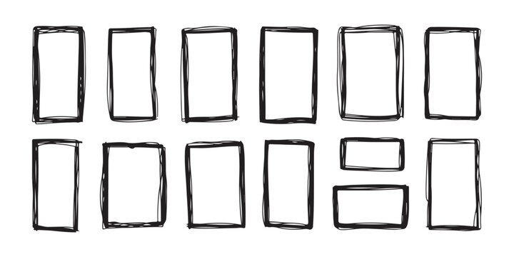 Black grunge hand-drawn scribble rectangular frame set for creative design and doodle text boxes.