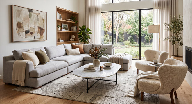  interior design concept of a Modern living room with an oversized sectional sofa, oval marble coffee table, and plush upholstered chairs for a cozy feel.