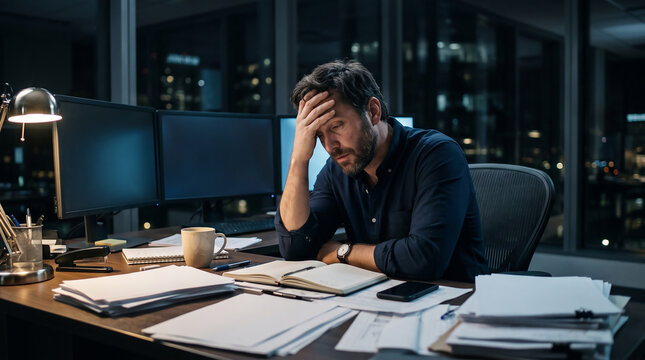 Stressed businessman working late at night in a dark office, exhausted corporate worker at desk with paperwork and multiple monitors.