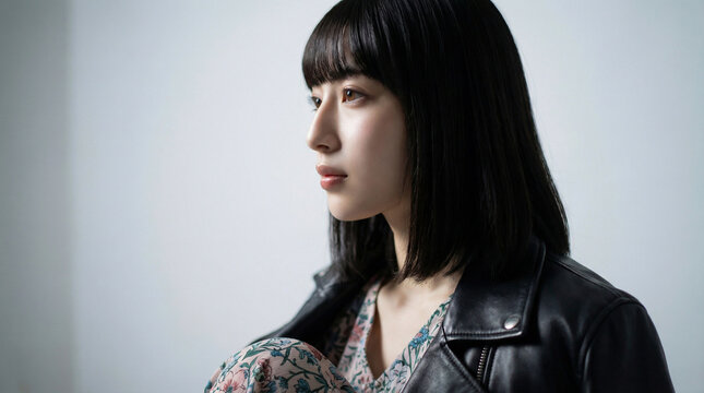 レザージャケットと花柄ワンピース姿で膝を抱える日本人女性