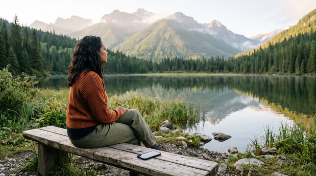 Thoughtful young woman in an orange sweater sitting on a wooden bench by a tranquil mountain lake, enjoying the peaceful nature landscape.