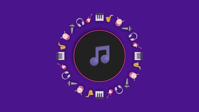 Music note symbol centered in circular ring of rotating 3d instruments creates vibrant and engaging digital animation motion video clip