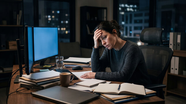Tired female professional rubbing her forehead while working late at night in a dark office, stressed businesswoman dealing with paperwork.