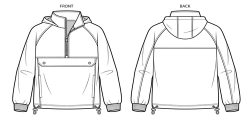 Technical fashion flat sketch of a hooded half-zip anorak windbreaker jacket front and back © Khademul