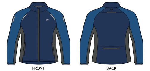 Technical flat sketch of a blue activewear cycling jacket showing front and back views © Khademul