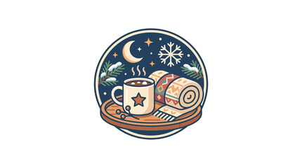 Fototapeta premium Cozy winter night illustration with hot cocoa and blanket badge