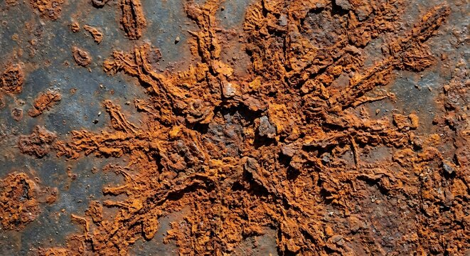 Grunge textured old weathered metal surface with vibrant orange rust damage
