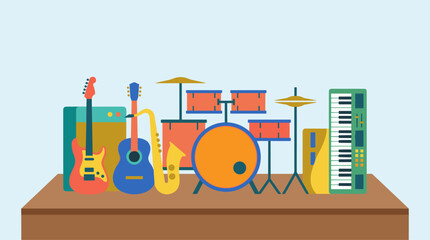 Obraz premium Collection of musical instruments including guitars, saxophone, drums, and keyboard on a wooden surface, flat design vector illustration