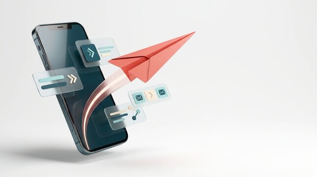 3D Smartphone with Flying Paper Airplane and Digital Message Elements
