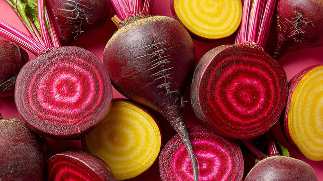 Fresh red and yellow beets with sliced roots displayed on a pink surface