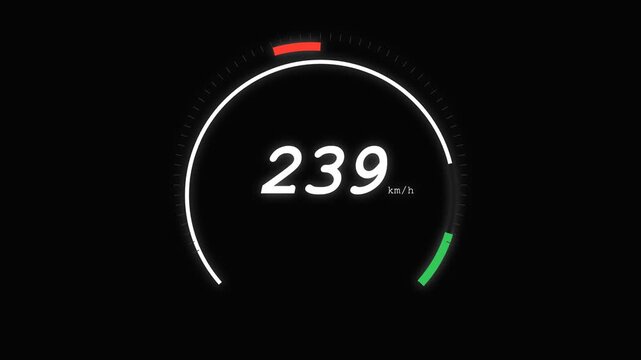 Digital speedometer motion graphics showing acceleration speed on a dark background loop