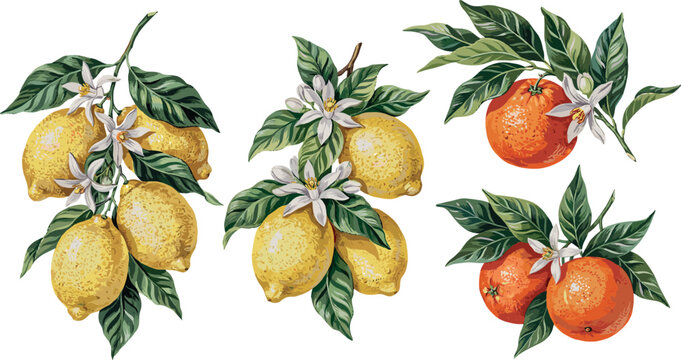 Vintage citrus fruit tree branch vector set featuring realistic fresh yellow lemons bright oranges green leaves and delicate white blossoms isolated on white background.