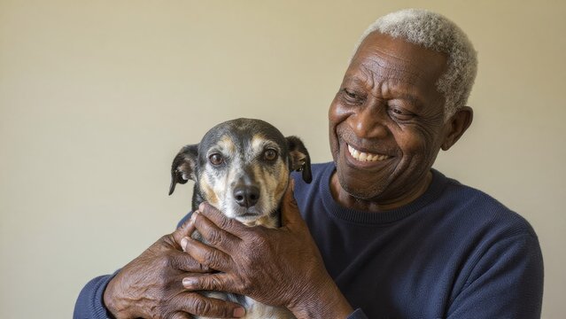 Joyful Man Smiling While Holding His Loyal Dog in Indoor Setting