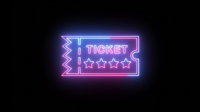 Glowing neon ticket icon isolated on black background. HD Video motion graphic animation, Neon airplane ticket icon glowing purple on black background ,Ticket icon Animation.