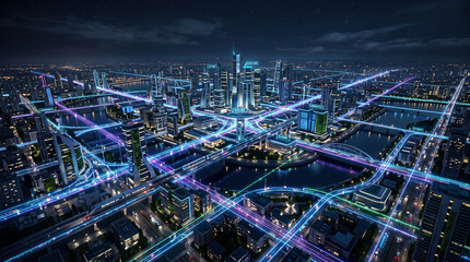 Obraz premium Smart City Digital Data Grid Landscape