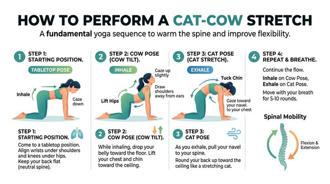 Yoga Infographic Guide: How to Perform a Cat-Cow Stretch for Spinal Mobility and Flexibility