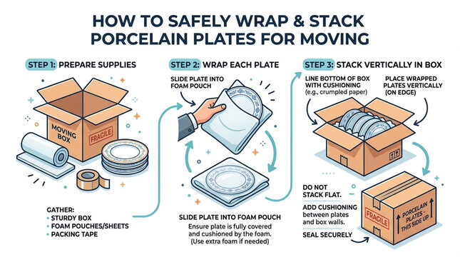 Infographic Guide on How to Safely Wrap and Stack Porcelain Plates for Moving