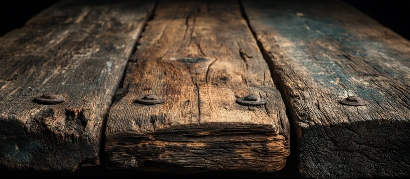 Close-up of weathered wooden planks with metal fasteners, showcasing the texture and details