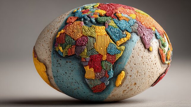 Sculpted egg featuring a colorful map of the world with an emphasis on the African continent
