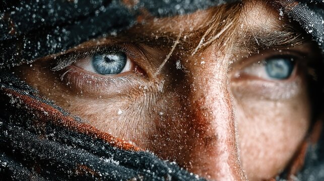 Close up of a mans intense blue eyes in a snowstorm.