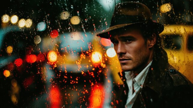 A man in a fedora looks pensively out of a rain-streaked window, city lights behind him