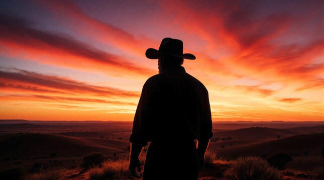 Silhouette of lonely farmer wearing wide brim hat stands on hilltop at sunset. Man looks at vast outback landscape during golden hour. Rural life in desert wilderness with orange sky, red clouds over
