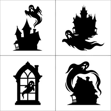 Spooky haunted house silhouette set with flying ghost icons and gothic window designs for Halloween decoration and horror theme design elements isolated on White Background Halloween