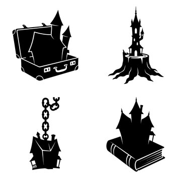 Spooky haunted house icon set vector. Horror mansion silhouette collection, spooky castle illustration, ghostly home symbol. Vintage horror imagery design. 4 Elements isolated on White