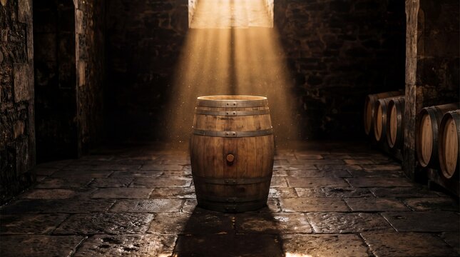 Rustic oak wine barrel in dark stone cellar, dramatic light rays over wooden cask, traditional winery basement storage